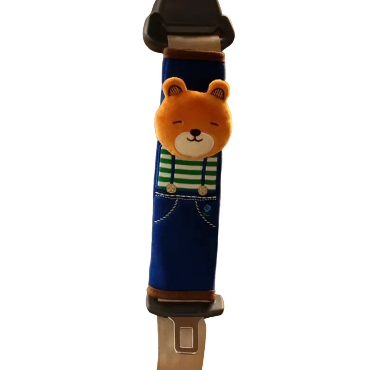 A plush orange fox-shaped car seat belt cover with green and white striped shirt details for kids car use