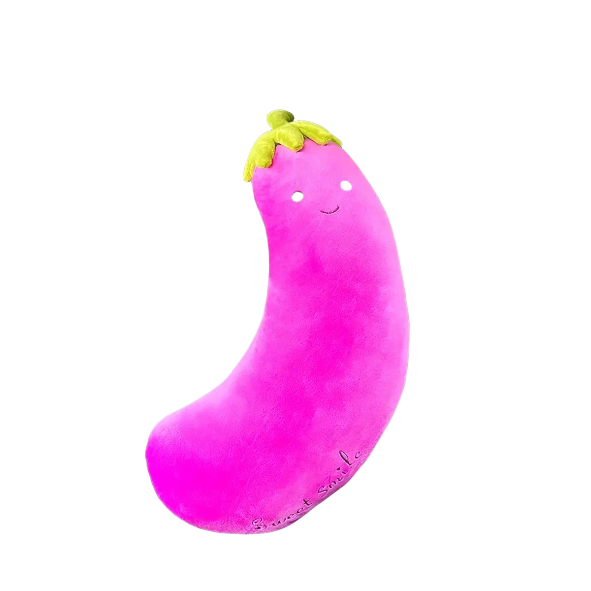 A plush vibrant pink eggplant-shaped neck pillow with green stem and embroidered smiley face for kids car seat belt use