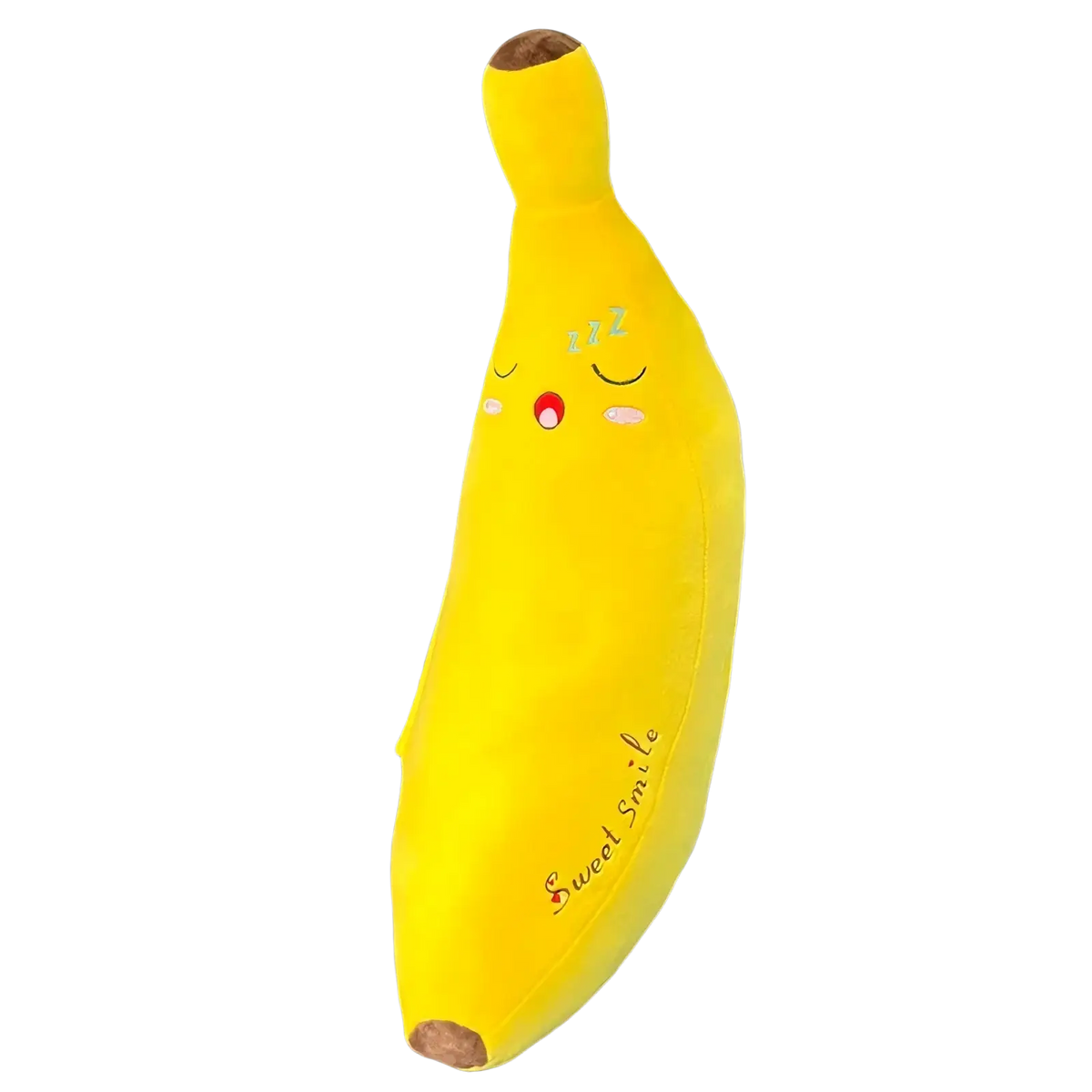 A plush yellow banana-shaped car seat cushion with sweet smile text and cute face design for kids seat belt comfort