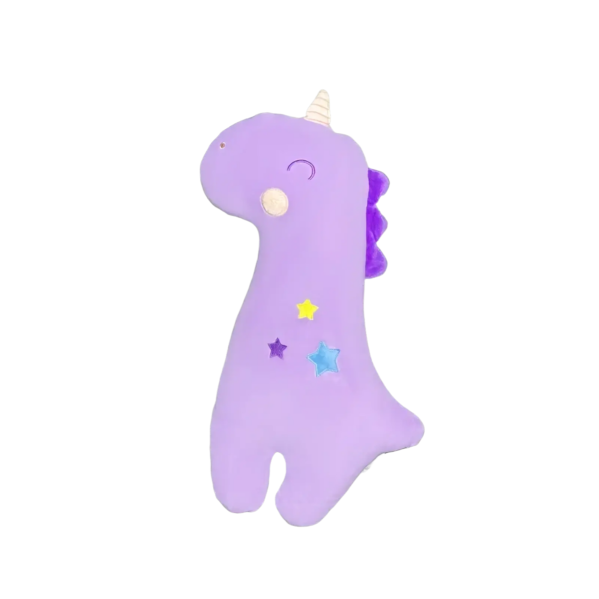 Purple plush unicorn car seat belt pillow for kids with embroidered stars and a white horn