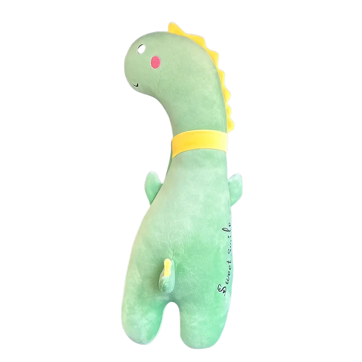Unicorn car seat belt pillow for kids in light green plush dinosaur shape with yellow spikes and sweet smile embroidery