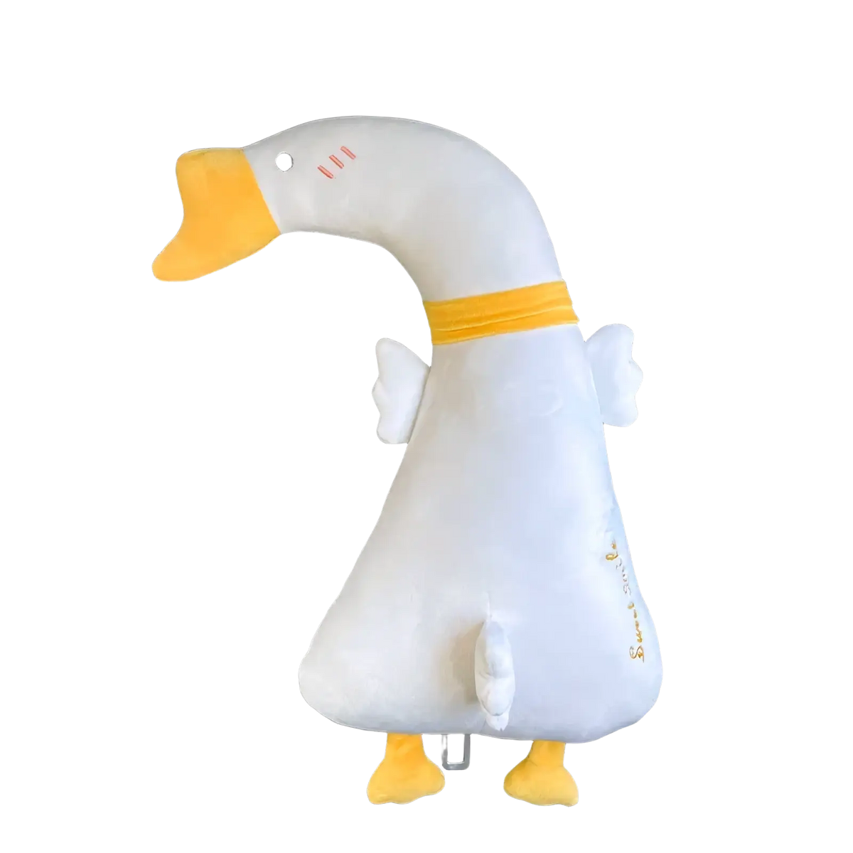 White plush goose-shaped car seat backrest holder with yellow beak feet and collar for kids car seat belt pillow