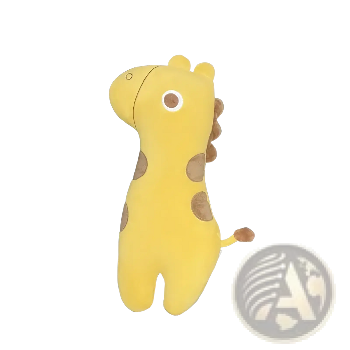 Yellow plush giraffe shaped unicorn car seat belt pillow for kids with brown spots and white rimmed eye shown from back side