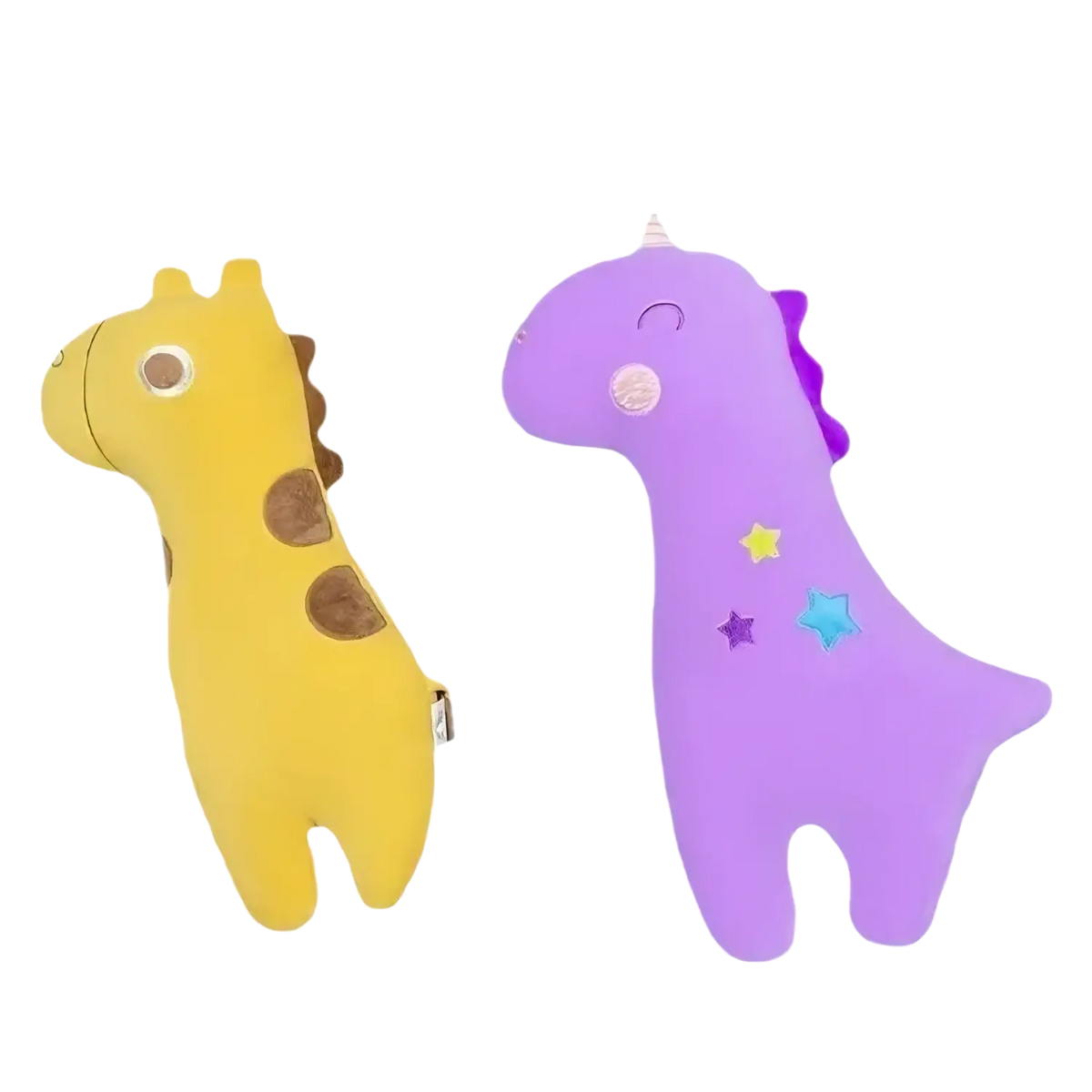 Unicorn car seat belt pillows for kids featuring yellow giraffe and purple unicorn plush with embroidered details