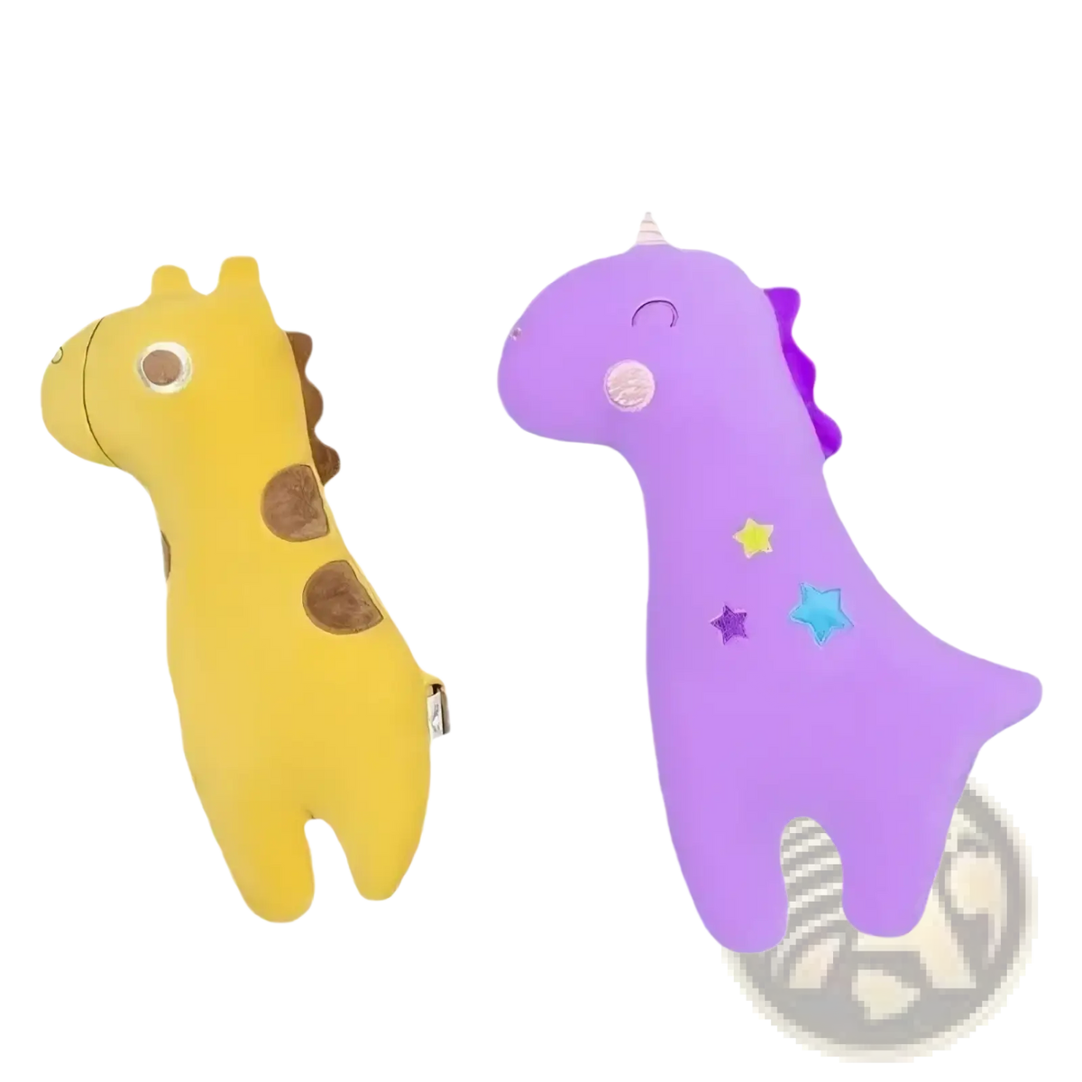 Unicorn car seat belt pillows for kids featuring yellow giraffe and purple unicorn plush with embroidered details