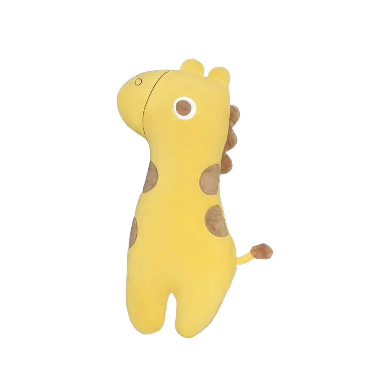 Yellow plush giraffe shaped unicorn car seat belt pillow for kids with brown spots and white rimmed eye shown from back side
