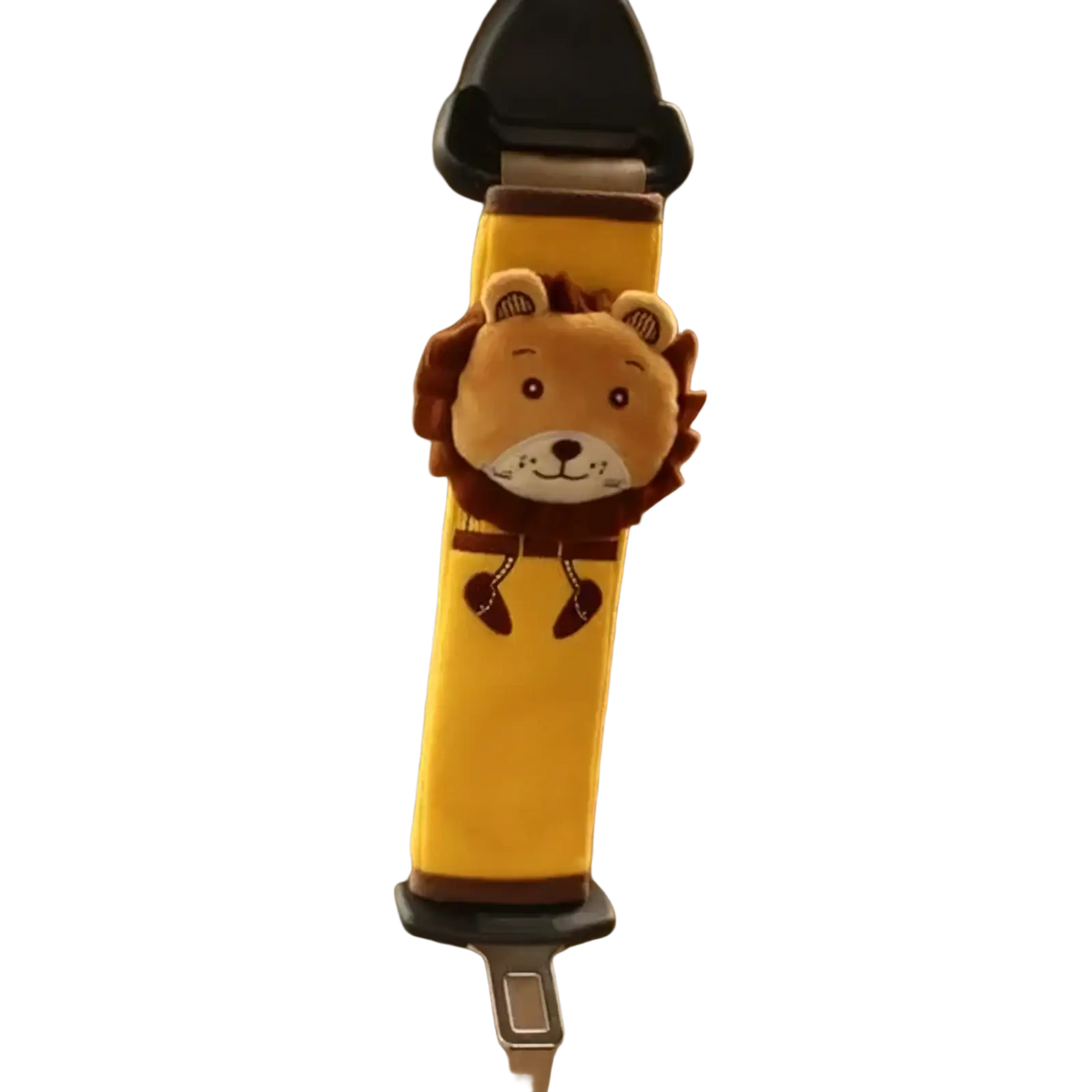 Yellow plush lion-themed car seat belt cover with brown mane and embroidered face for unicorn car seat belt pillow for kids