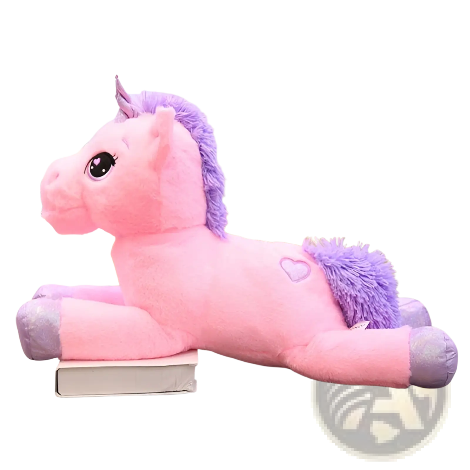 Pink plush unicorn toy with purple mane tail silver hooves and small heart embroidered on soft stuffed animal