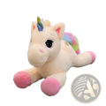 A plush cream-colored unicorn toy with pink hooves, rainbow mane and tail, and a blue horn soft and cuddly