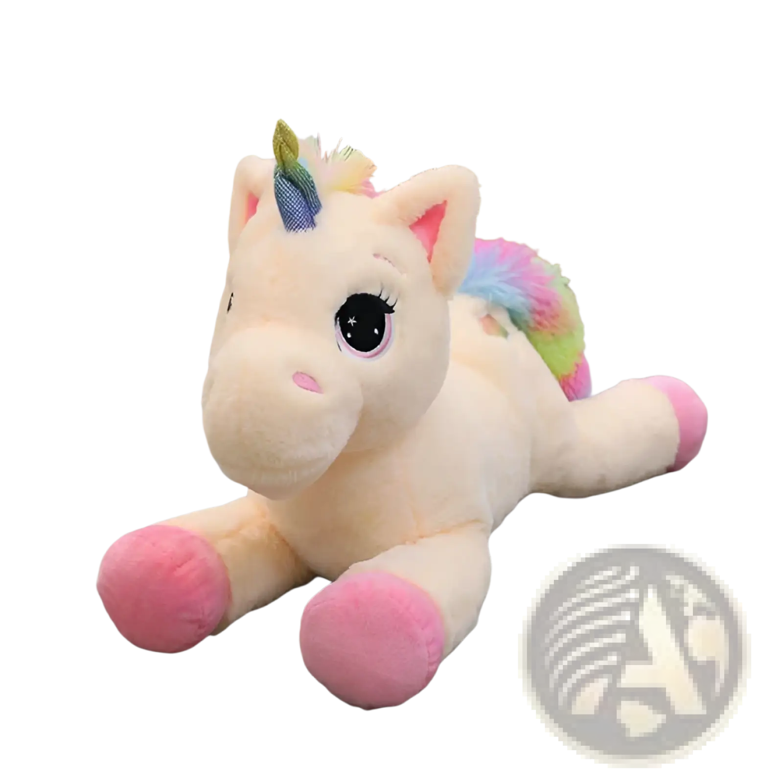 A plush cream-colored unicorn toy with pink hooves, rainbow mane and tail, and a blue horn soft and cuddly