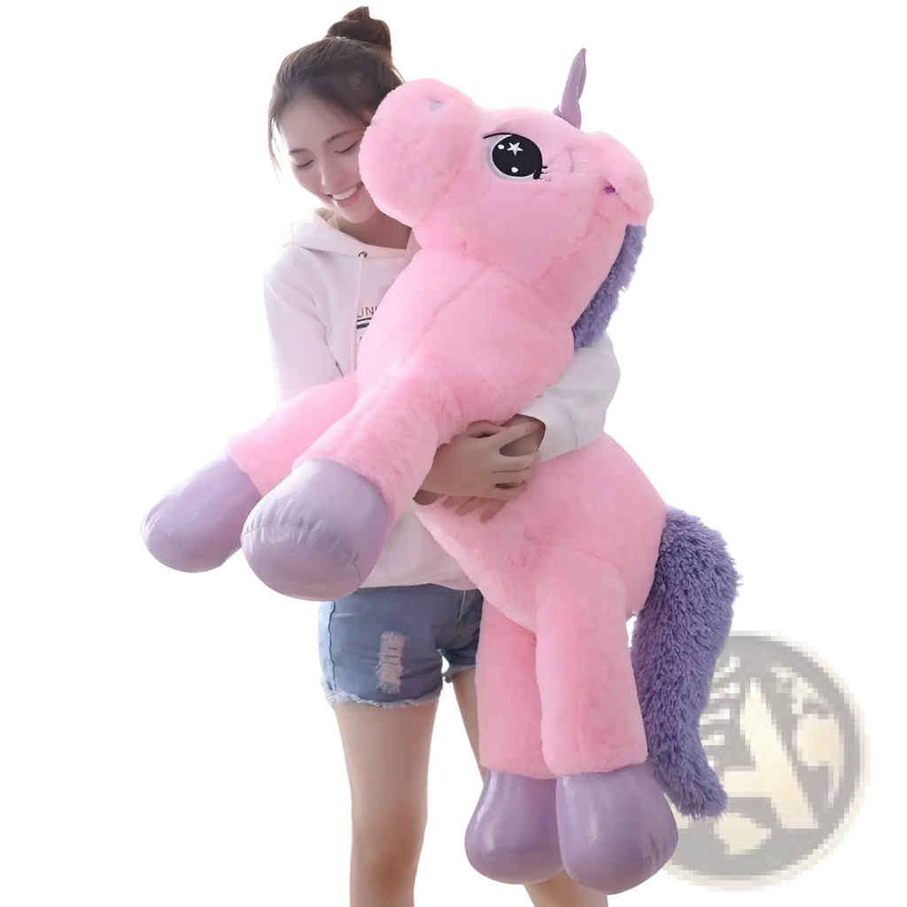 A plush pink unicorn toy with purple hooves mane and tail soft stuffed animal for cuddling and play