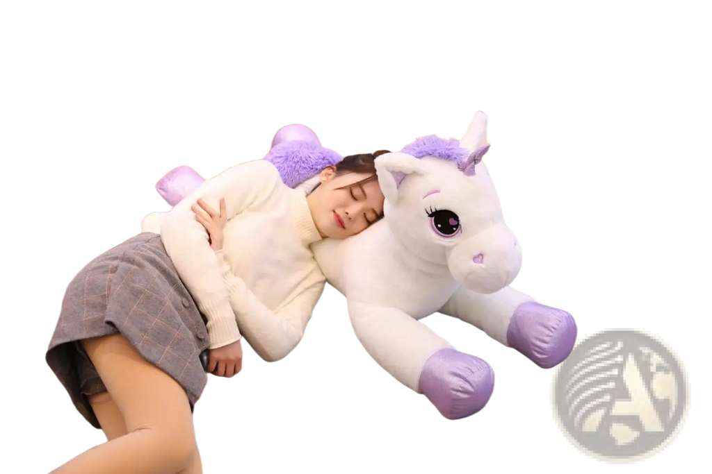 A soft white unicorn plush toy with purple accents and fuzzy texture perfect as a pink and purple stuffed animal