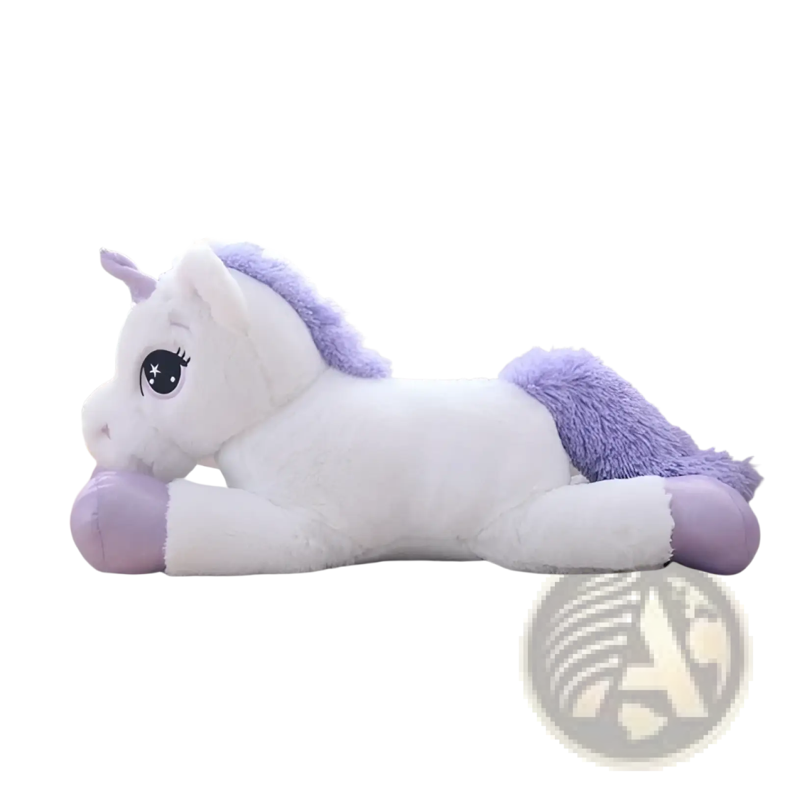 A soft white unicorn plush toy with lavender mane tail and hooves lying on a couch in pink and purple colors