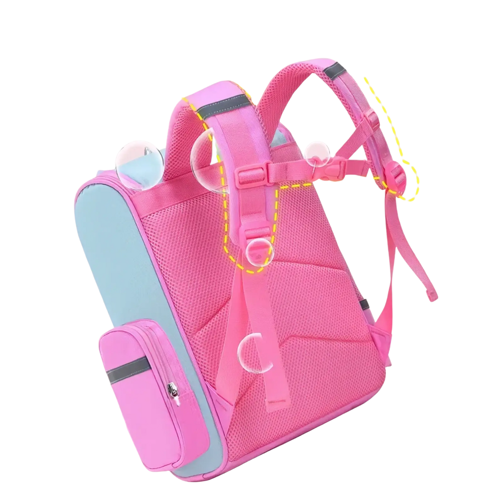 Pink and light blue mesh unicorn school backpack for girls with wide thick shoulder straps and fixed chest buckle