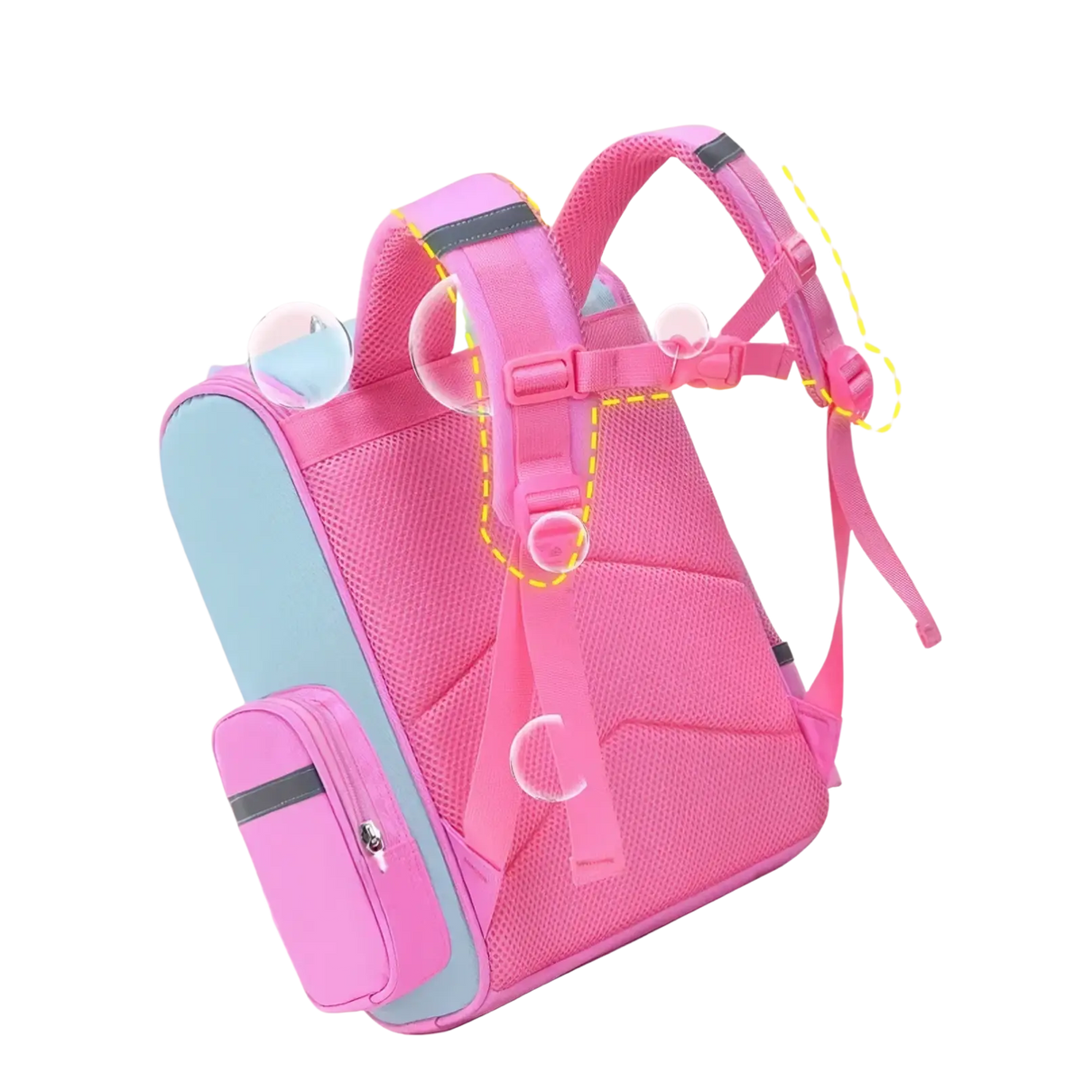 Pink and light blue mesh unicorn school backpack for girls with wide thick shoulder straps and fixed chest buckle