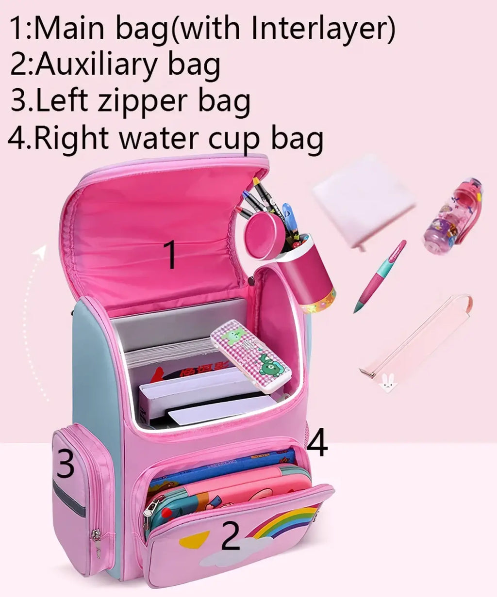 Unicorn school backpack for girls in pink and light blue with rainbow cloud design on front pocket for kids