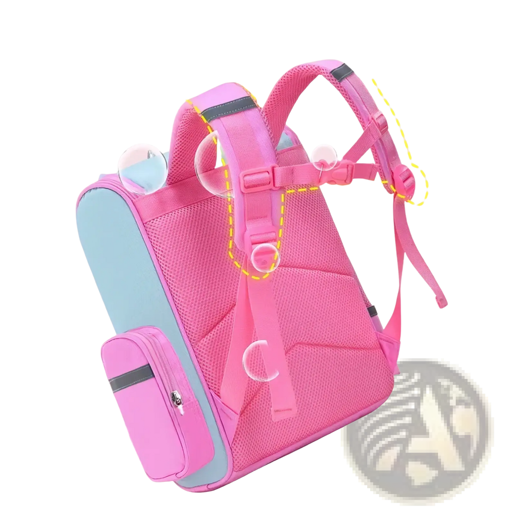 Pink and light blue mesh unicorn school backpack for girls with wide thick shoulder straps and fixed chest buckle