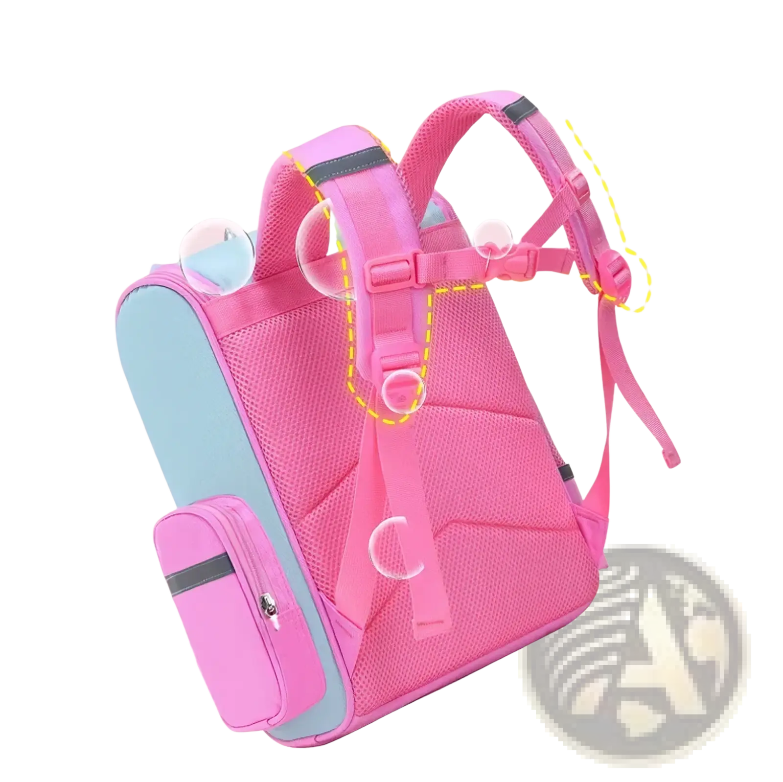 Pink and light blue mesh unicorn school backpack for girls with wide thick shoulder straps and fixed chest buckle