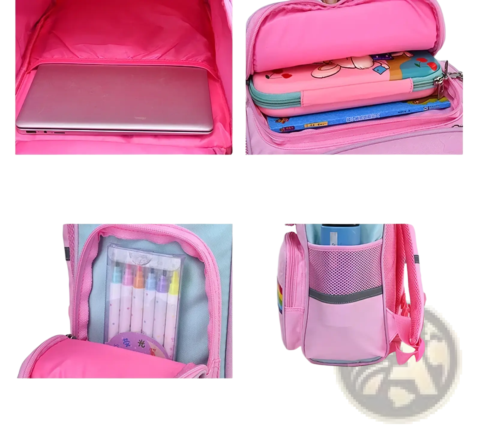 Pink unicorn school backpack for girls with multiple compartments and a padded laptop storage section