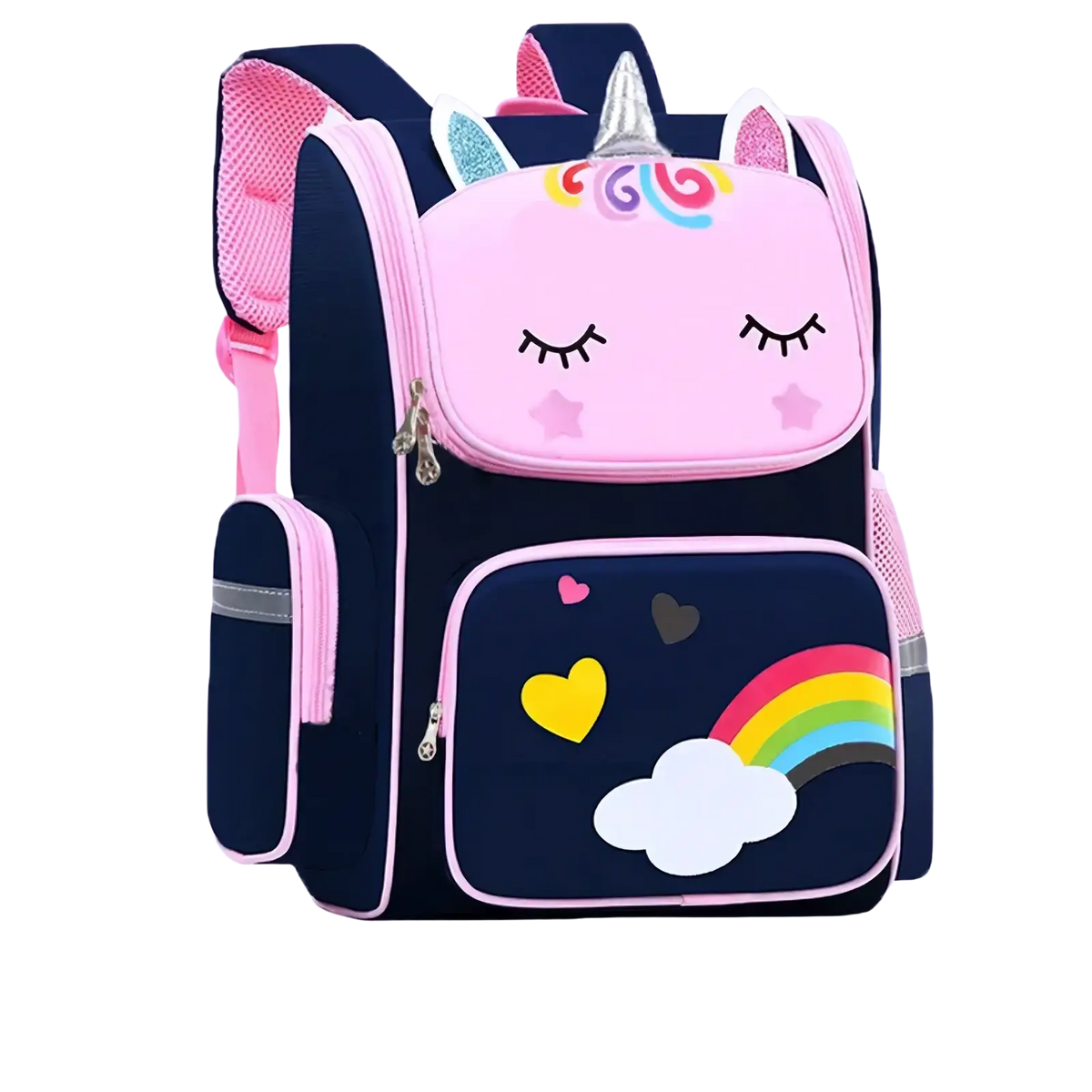 Unicorn school backpack for girls in pink and navy blue with glittery horn, embroidered ears, and rainbow cloud pocket