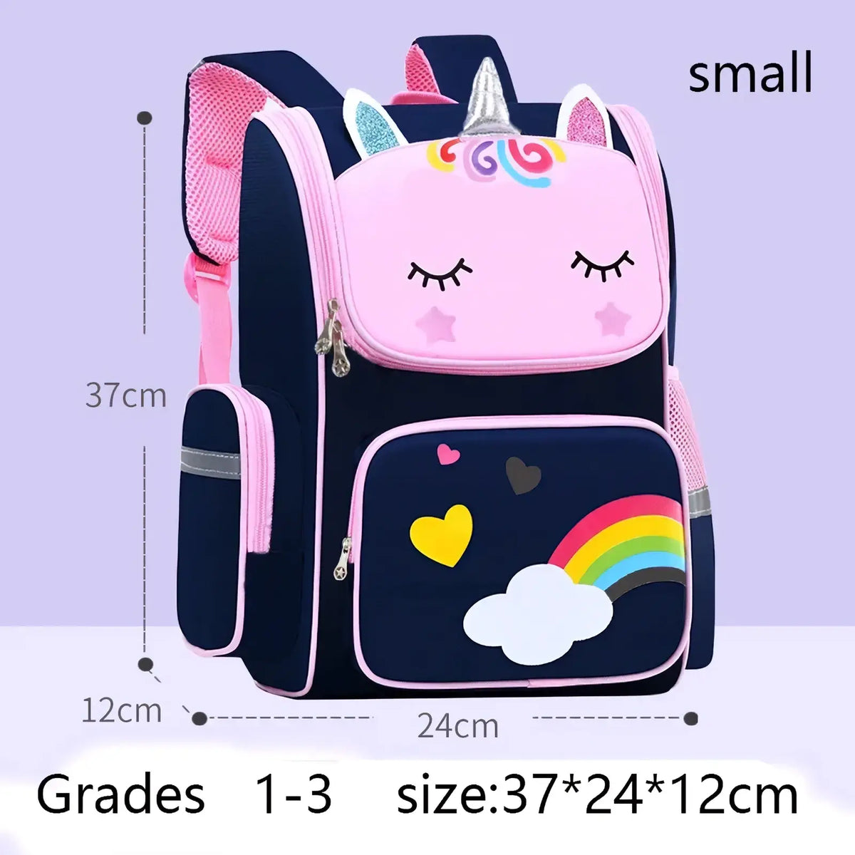 Unicorn school backpack for girls in pink and navy blue with embroidered rainbow clouds hearts and silver horn design