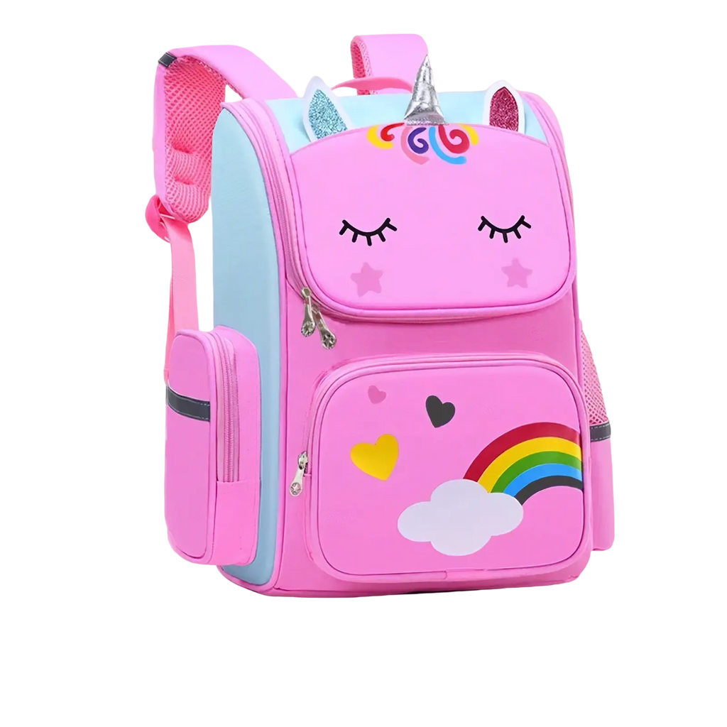Pink unicorn school backpack for girls with closed eyes, rainbow cloud design, silver horn, and glittery ears front pocket