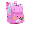 Pink unicorn school backpack for girls with closed eyes, rainbow cloud design, silver horn, and glittery ears front pocket
