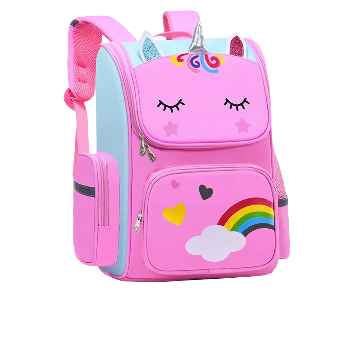 Pink unicorn school backpack for girls with glittery ears rainbow cloud design and light blue side panels