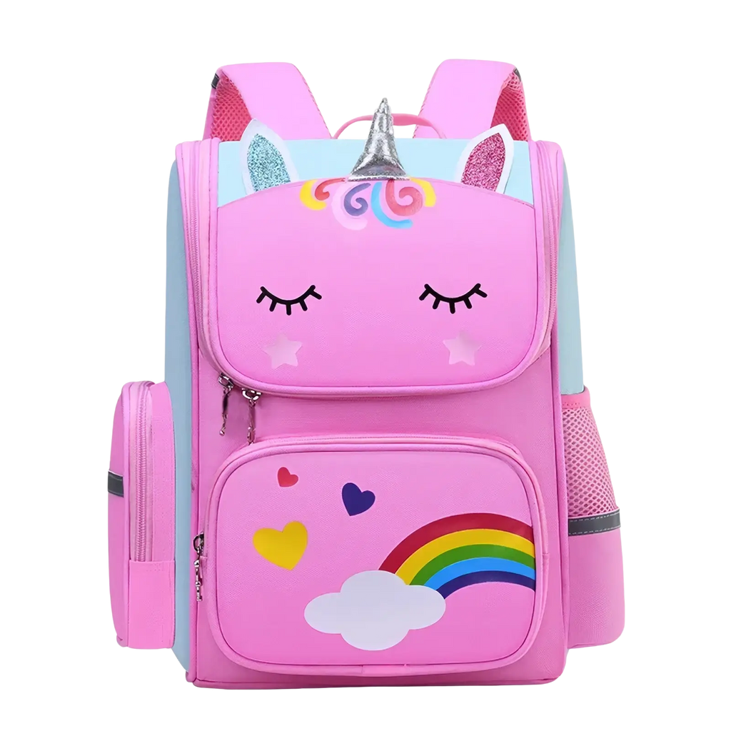 Pink unicorn school backpack for girls with glittery ears silver horn and rainbow cloud design on front pocket