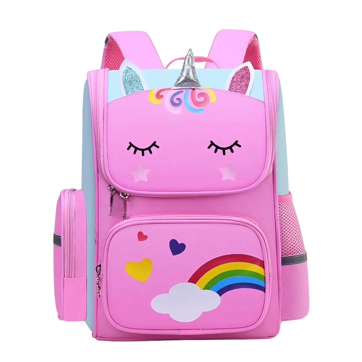 Pink unicorn school backpack for girls with glittery ears silver horn and rainbow cloud design on front pocket