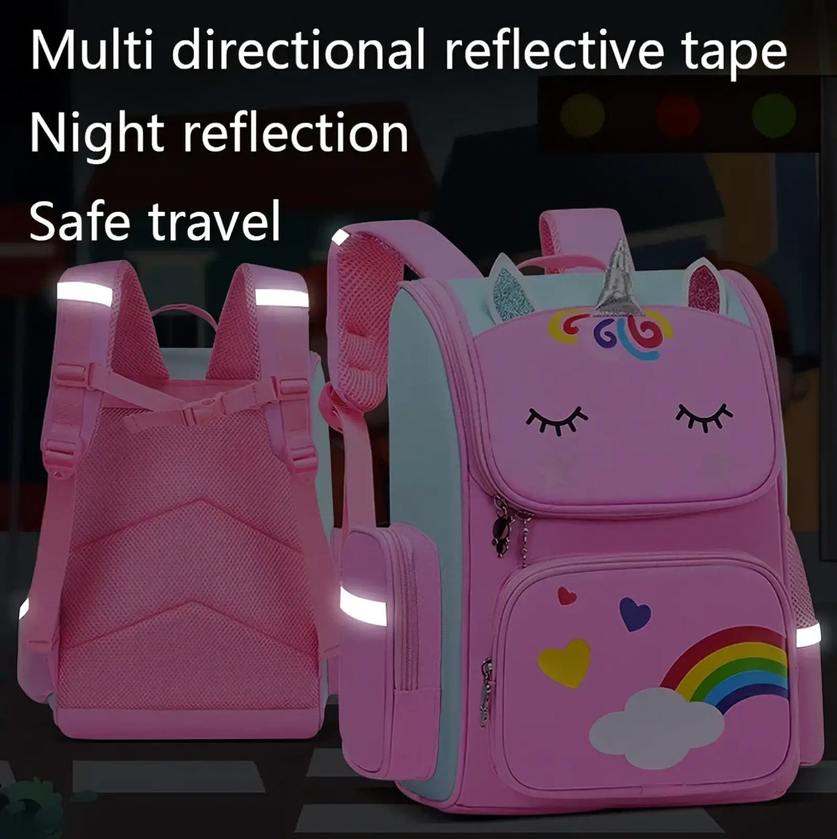 Pink unicorn school backpack for girls with rainbow design and reflective tape for night safety use