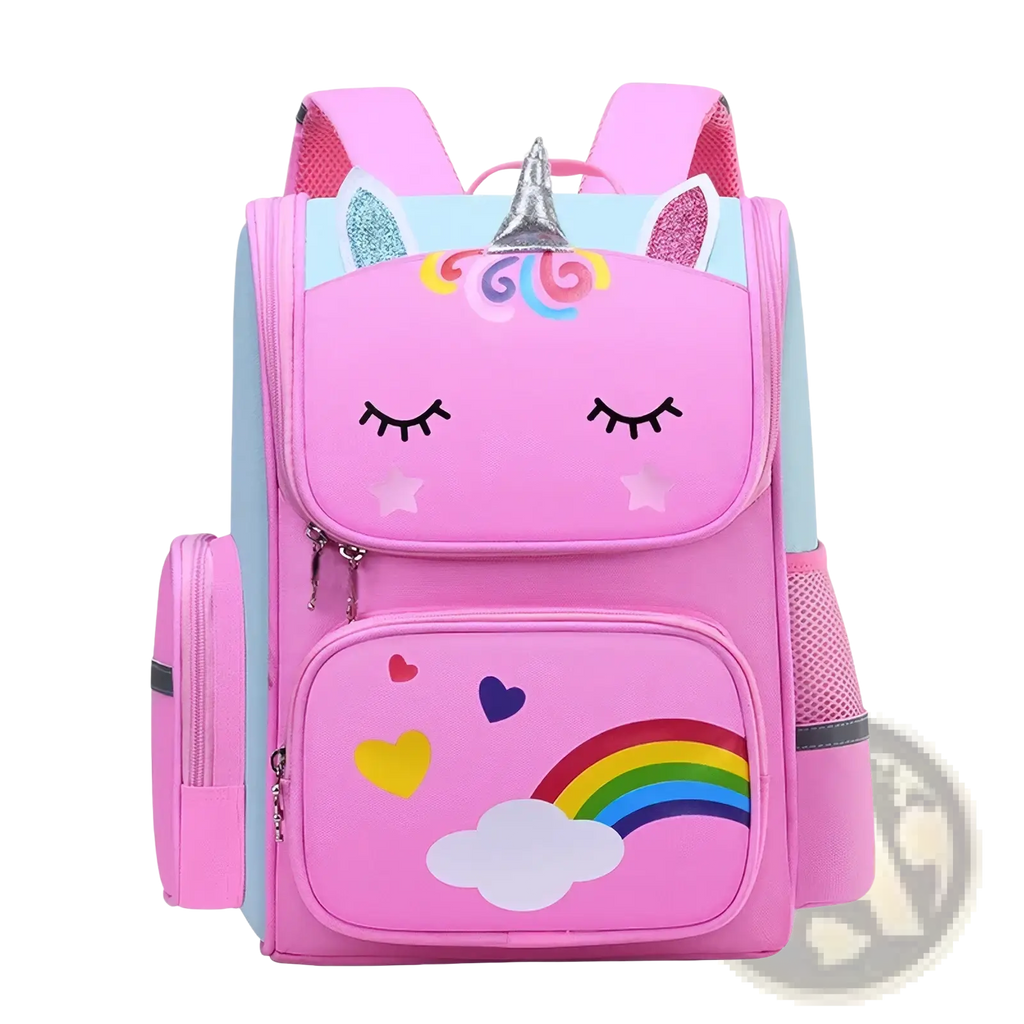 Pink unicorn school backpack for girls with glittery ears silver horn and rainbow cloud design on front pocket