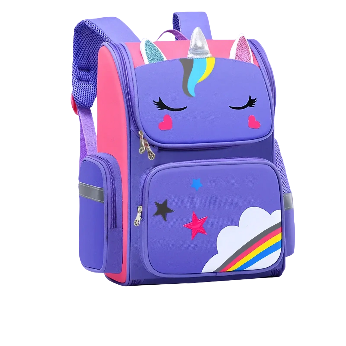 Unicorn school backpack for girls in purple and pink with glittery ears rainbow mane and star cloud decals