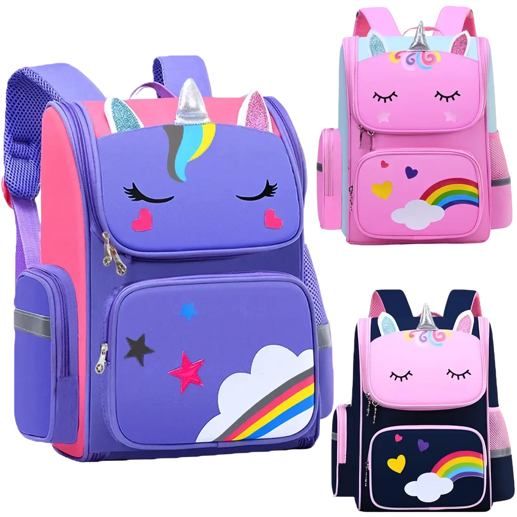 Purple unicorn school backpack for girls with glittery horn ears pink accents starry cloud and rainbow details