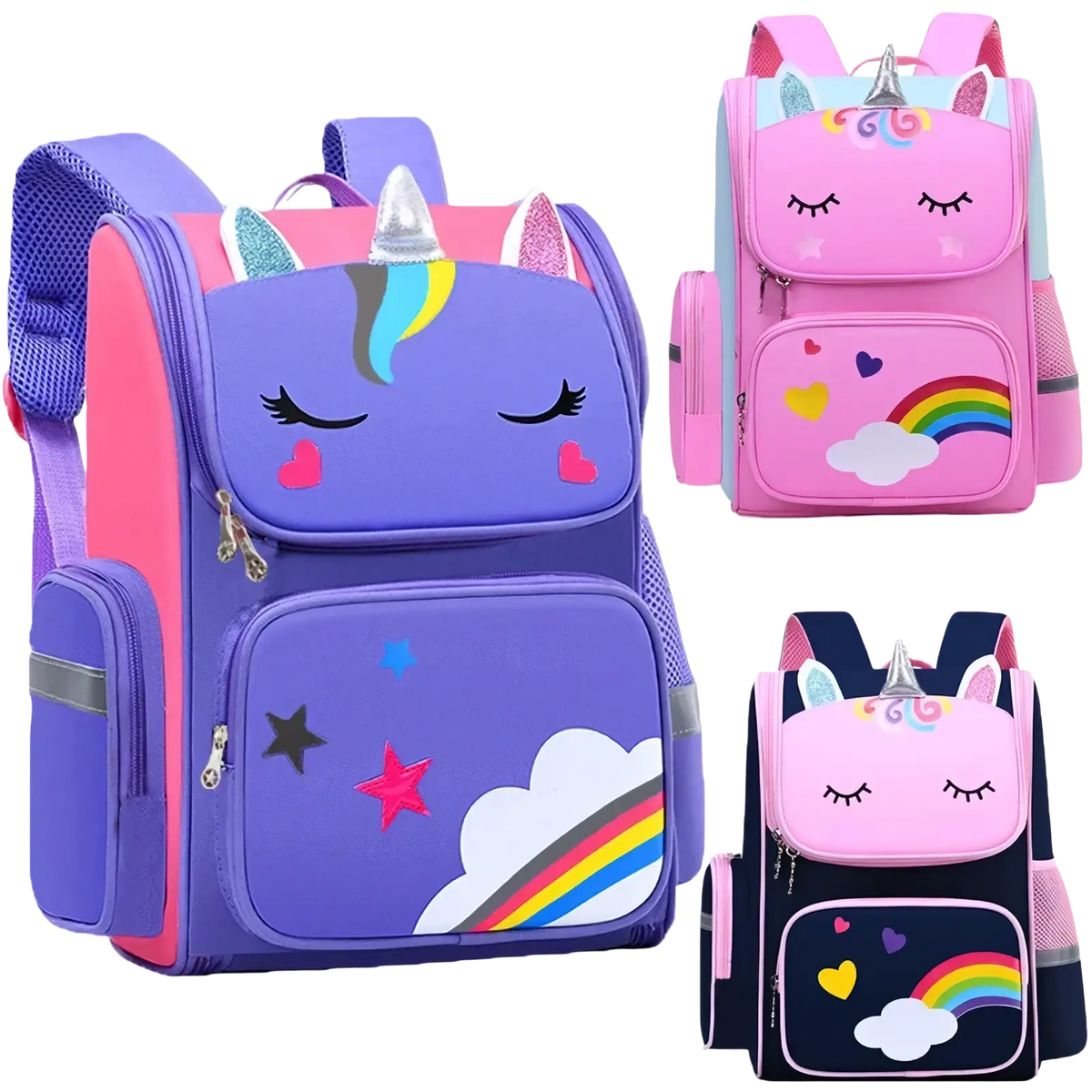 Purple unicorn school backpack for girls with glittery horn ears pink accents starry cloud and rainbow details