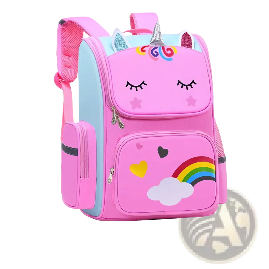 Pink unicorn school backpack for girls with closed eyes, rainbow cloud design, silver horn, and glittery ears front pocket
