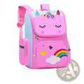 Pink unicorn school backpack for girls with closed eyes, rainbow cloud design, silver horn, and glittery ears front pocket