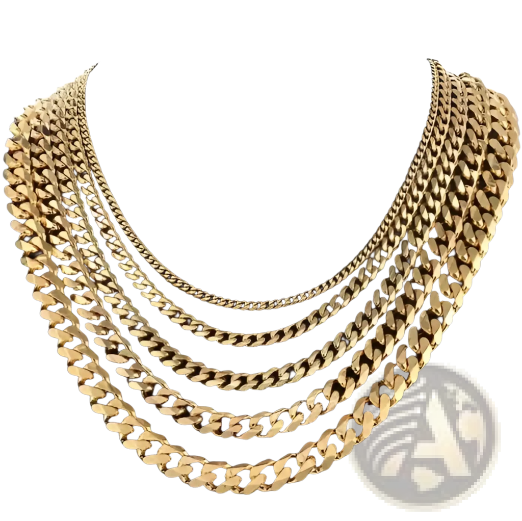 Unisex 18k gold plated stainless steel Cuban link necklaces in five thick widths displayed on black mannequin