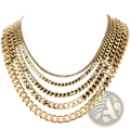 Unisex 18k gold plated stainless steel Cuban link necklaces in five thick widths displayed on black mannequin