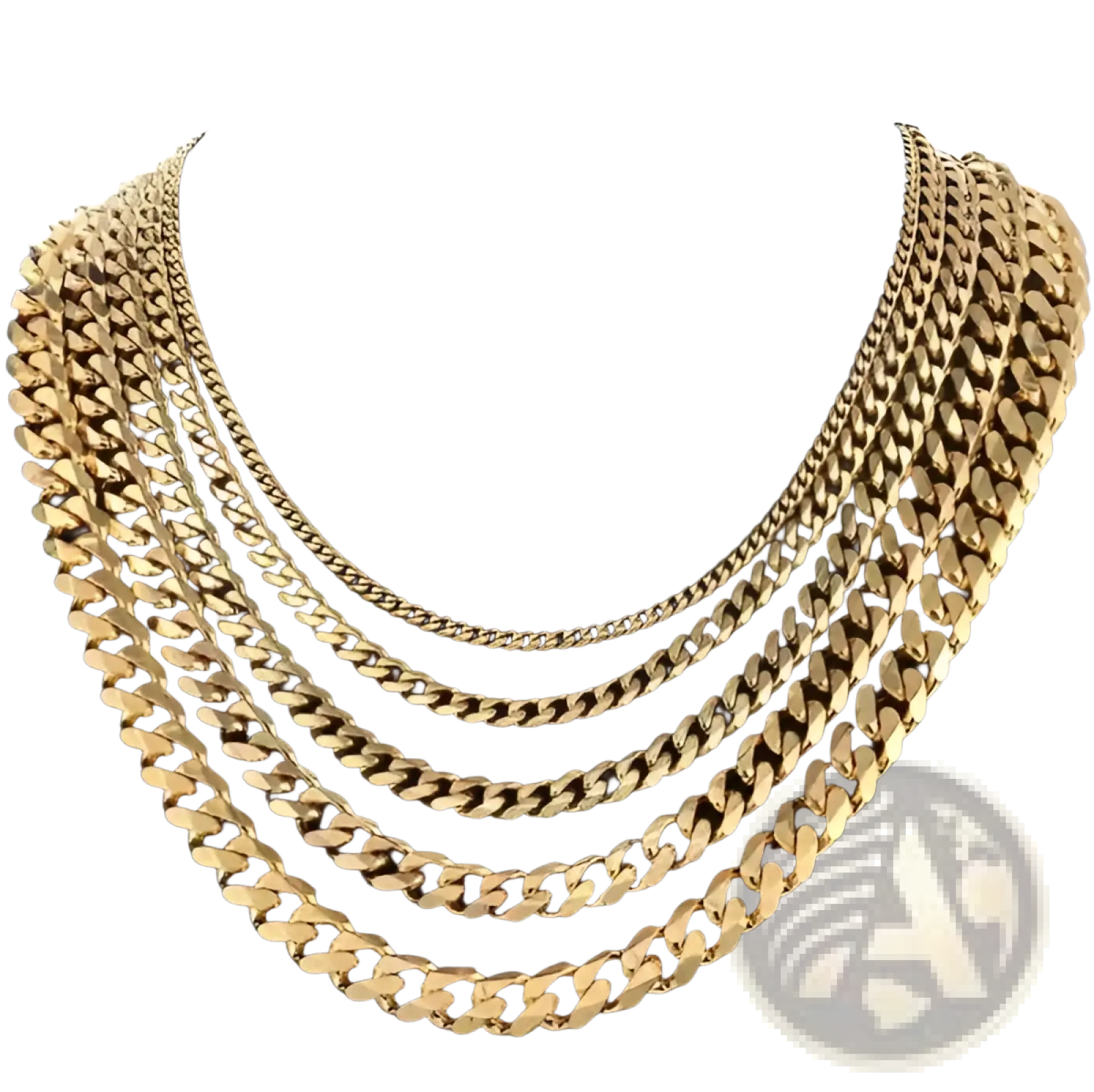 Unisex 18k gold plated stainless steel Cuban link necklaces in five thick widths displayed on black mannequin