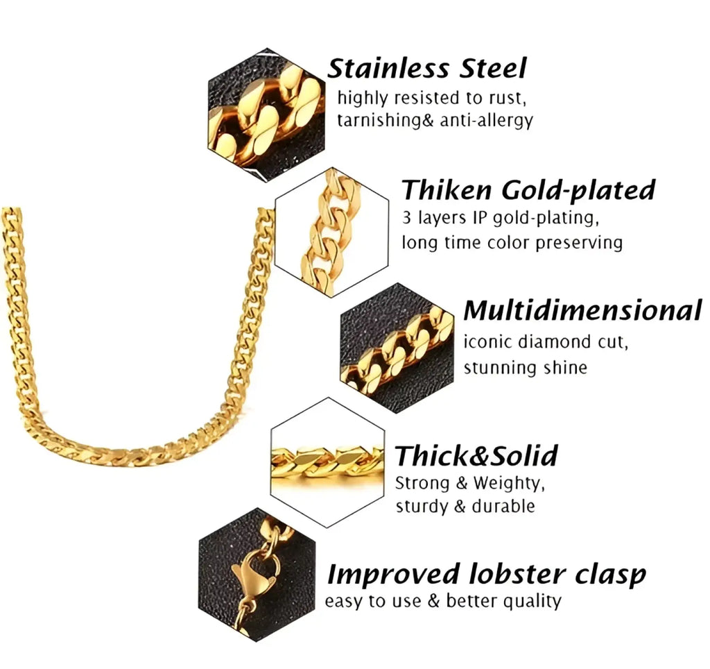 Unisex 18k gold plated stainless steel cuban link necklace with thick diamond cut chain for stunning shine