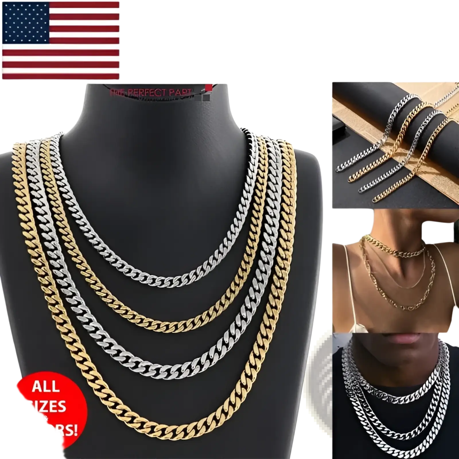 Unisex 18k gold plated stainless steel cuban link necklace in silver and gold colors displayed on a mannequin