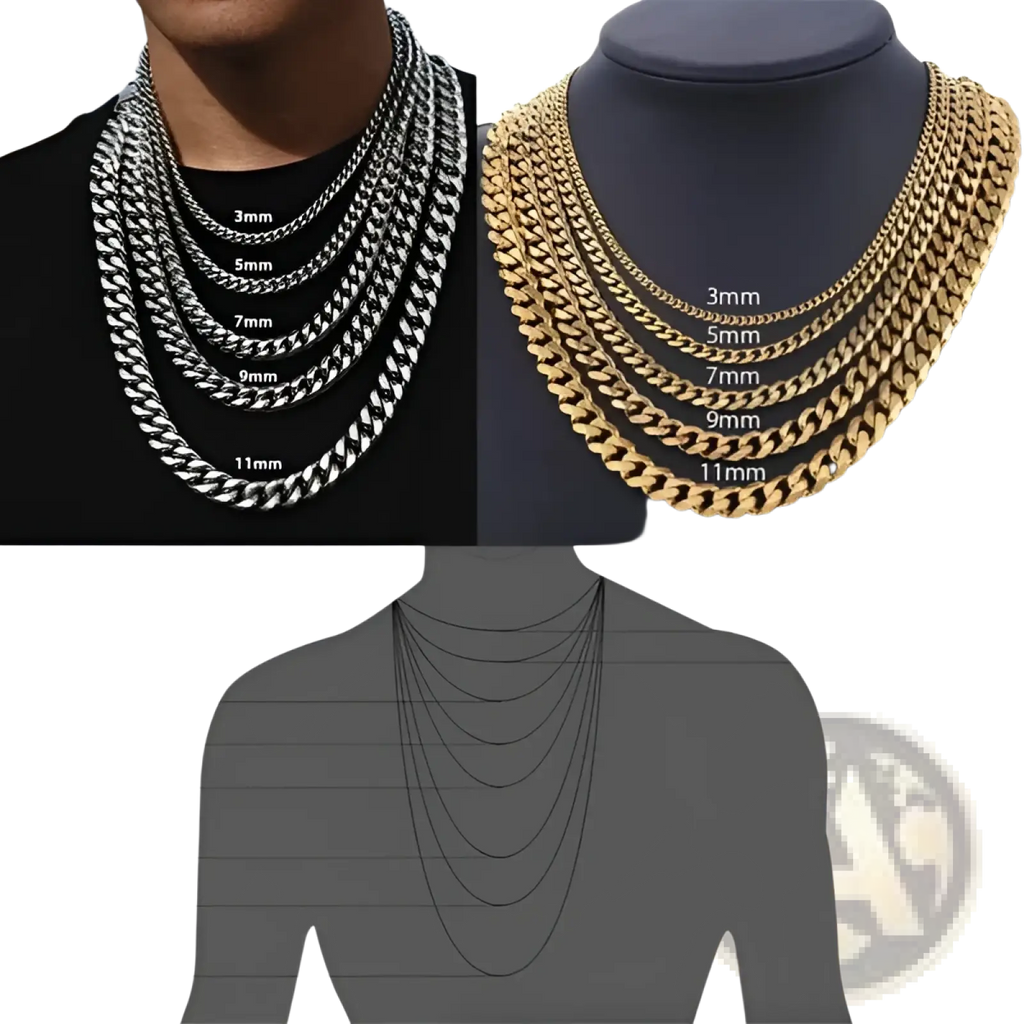 Unisex 18k gold plated stainless steel cuban link necklaces in silver and gold tones displayed on mannequin and model
