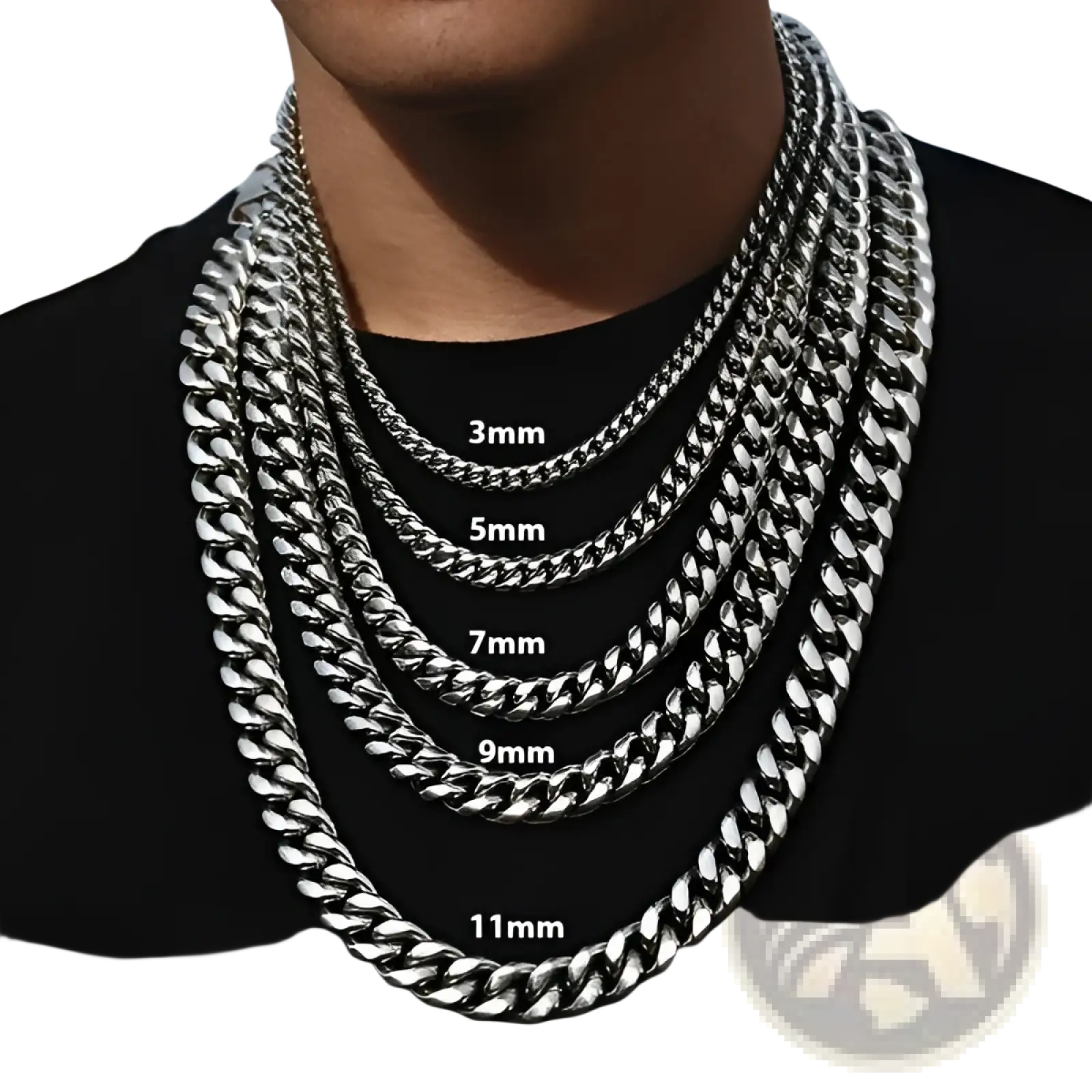 A set of five silver-toned unisex 18k gold plated stainless steel Cuban link necklaces in varying widths