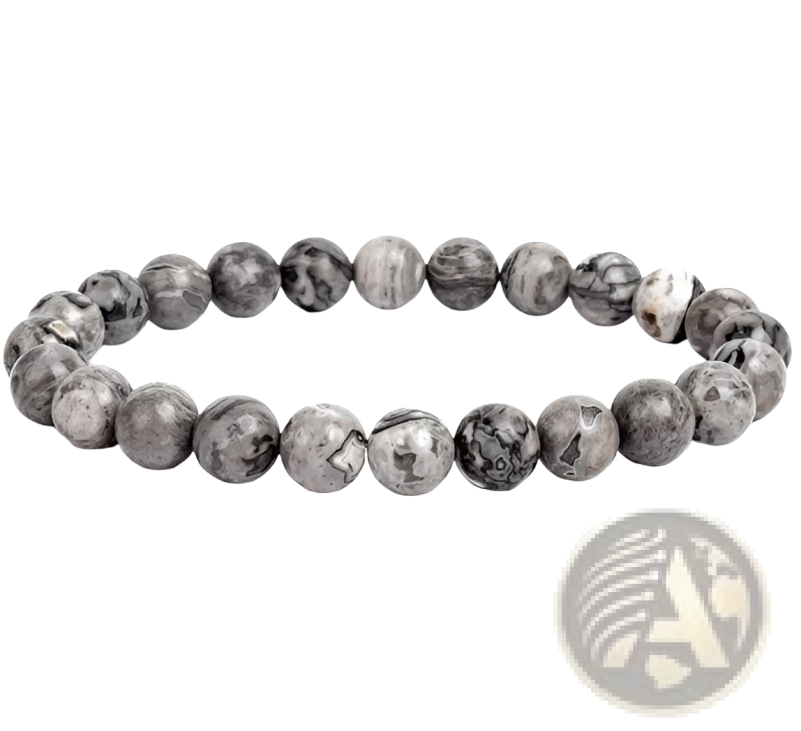 Unisex 8mm polished agate and amethyst stretch bracelet featuring gray and white patterned stone beads with a smooth finish