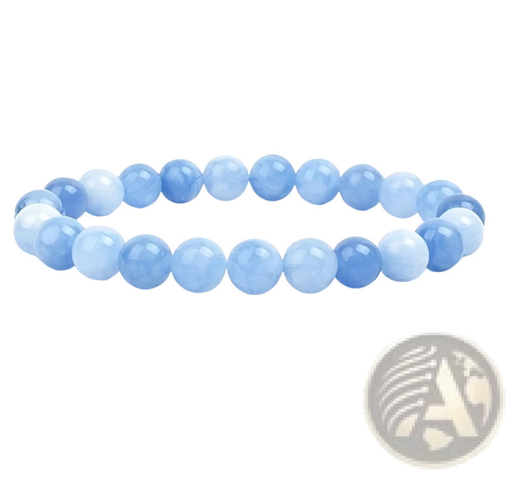 Unisex 8mm polished agate and amethyst stretch bracelet with translucent light blue round beads and smooth finish