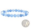 Unisex 8mm polished agate and amethyst stretch bracelet with translucent light blue round beads and smooth finish