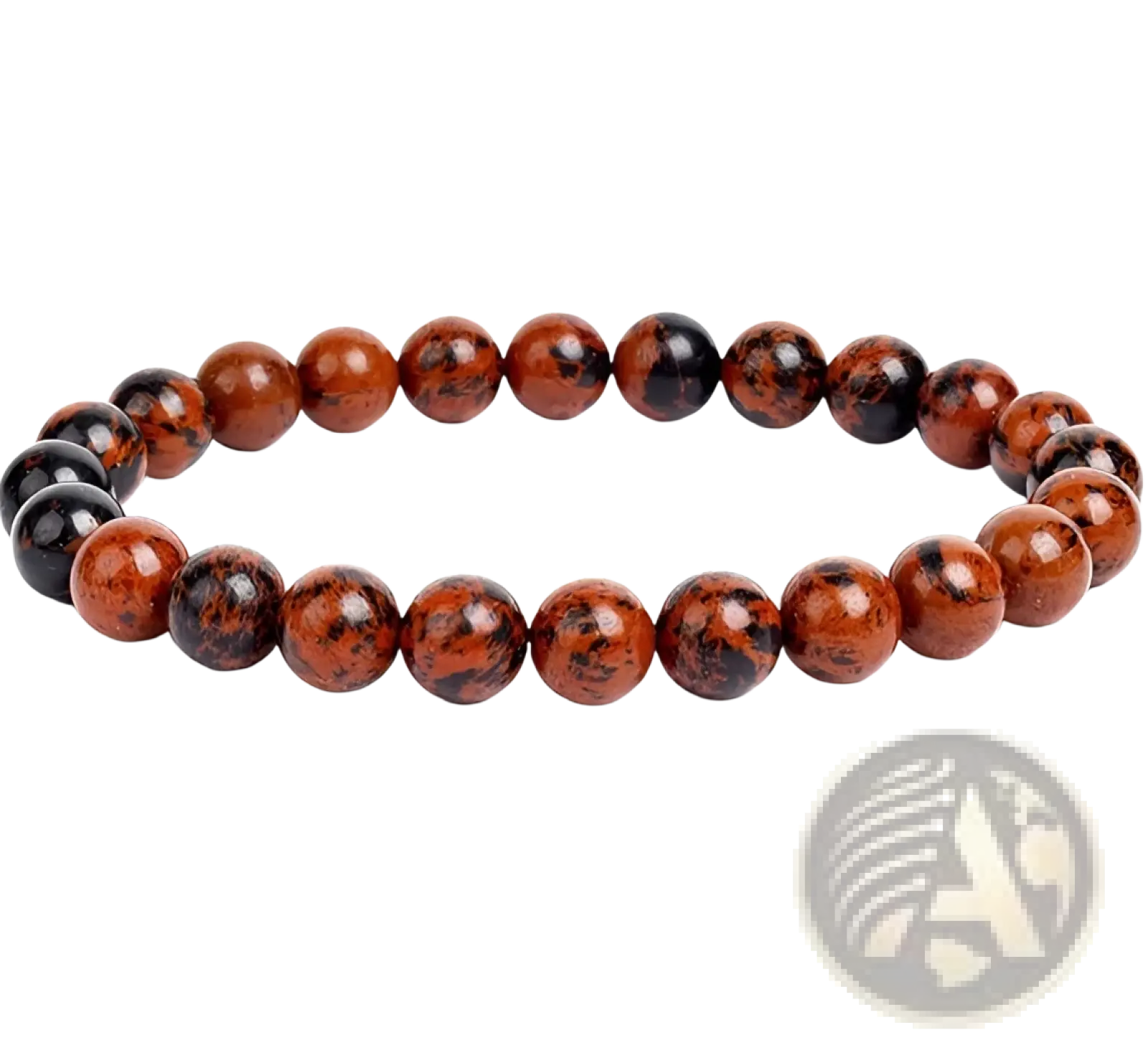 Unisex 8mm polished agate and amethyst stretch bracelet with smooth reddish-brown beads and black speckles
