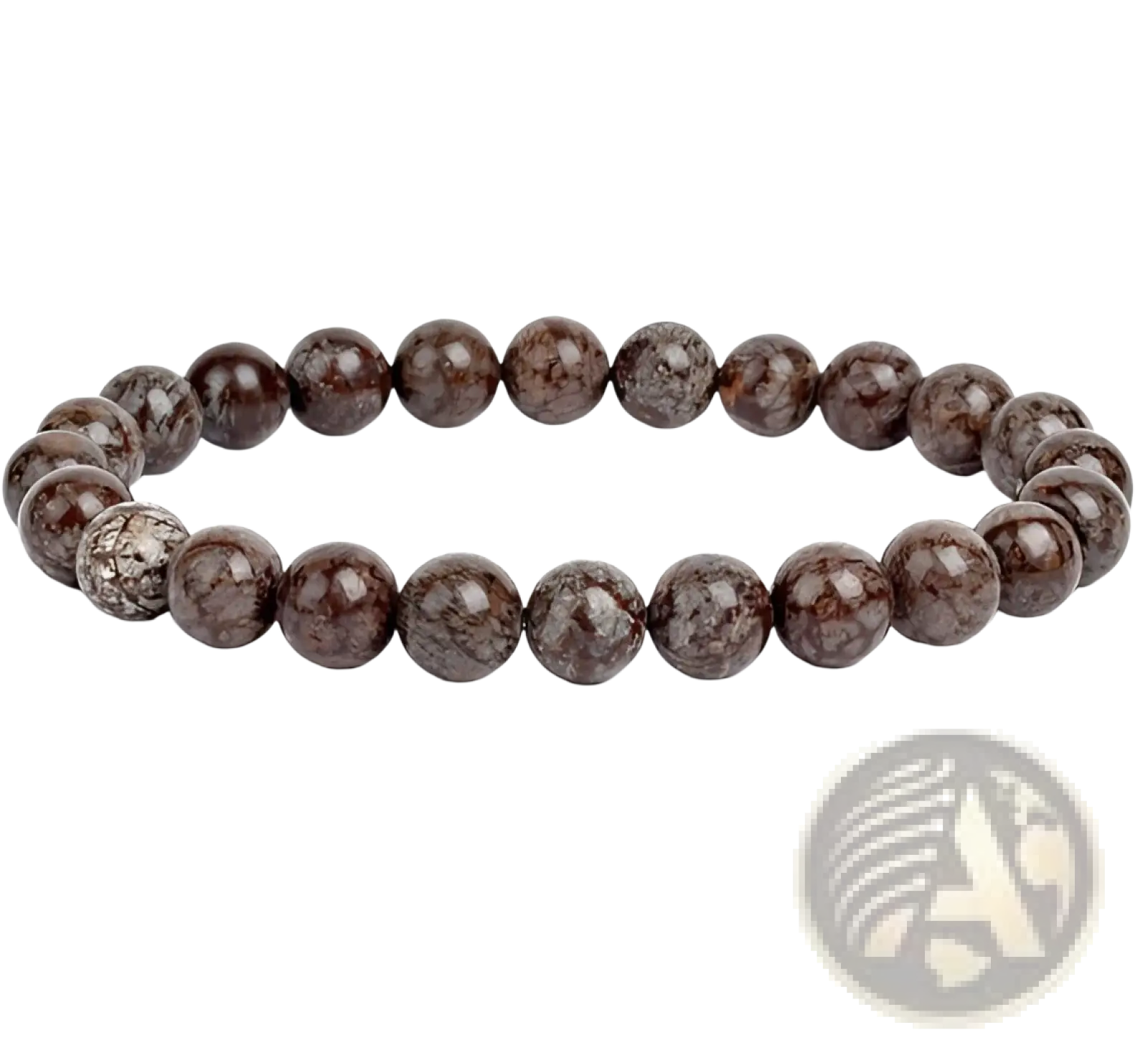 Unisex 8mm polished agate and amethyst stretch bracelet with dark brown round beads and subtle marbled pattern