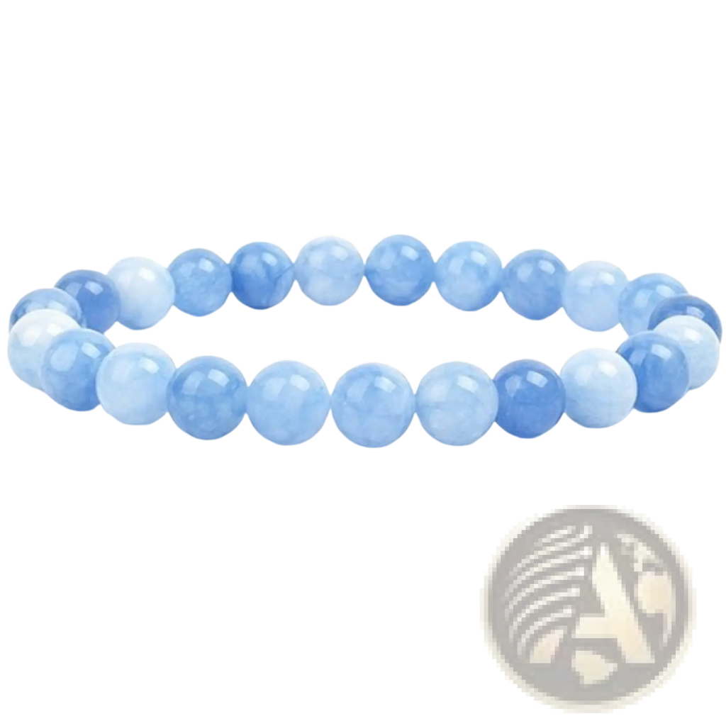 Unisex 8mm polished agate and amethyst stretch bracelet with smooth round blue agate beads in varying shades